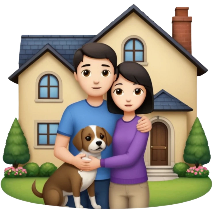 Девушка с тёмными короткими волосами стоит на фоне большого дома рядом с ней стоит мужчина со светлыми волосами обнимаются и рядом собака emoji