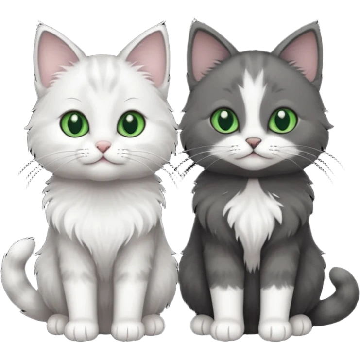 2 different coloured small cats including a dark grey and white and a completely solid dark grey with green eyes and only white paws emoji