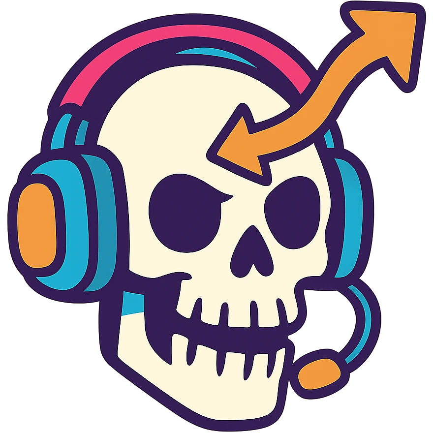 a skull with a respawn arrow through it, wearing a headset, vibrant toon style, for a sassy gaming group emoji
