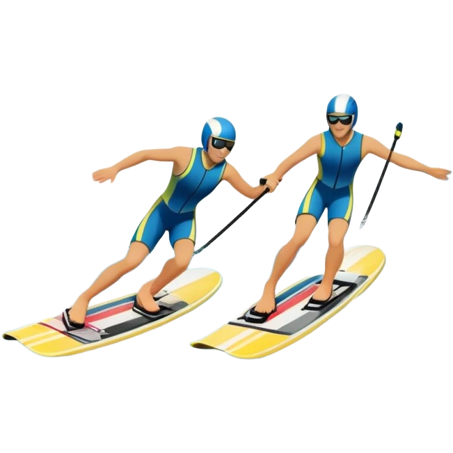 A humanless icon showing a close-up pair of water skis skimming across the surface of a lake in motion. The design includes a wake behind splashing water, and the sun reflecting on the water. Transparent background highlights the speed and thrill of water skiing. emoji