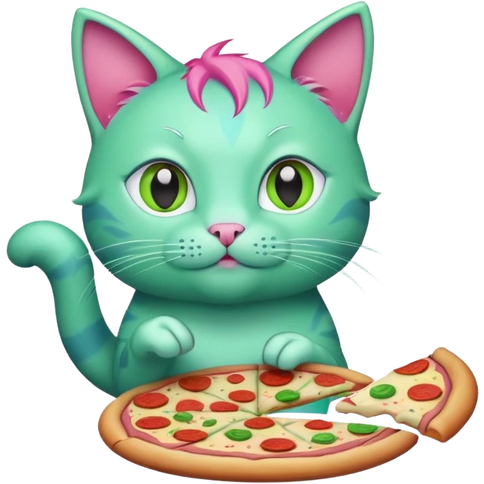 green cat with pink hair and blue ears holding a pizza emoji
