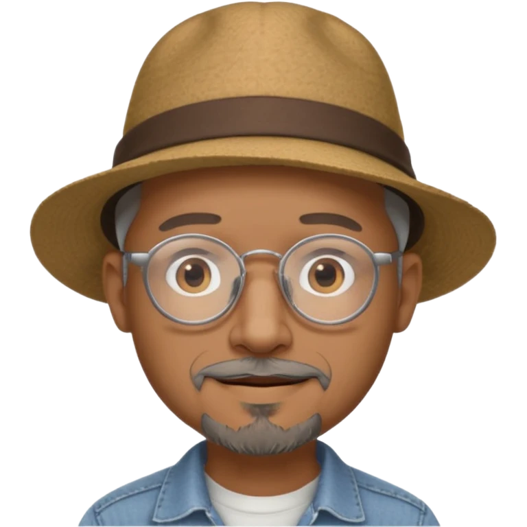 Brown man with wide rimmed hat no hair, gray goatee, clear glasses and slightly smiling emoji