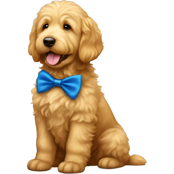 Golden doodle who’s more golden retriever with a blue bow tie emoji