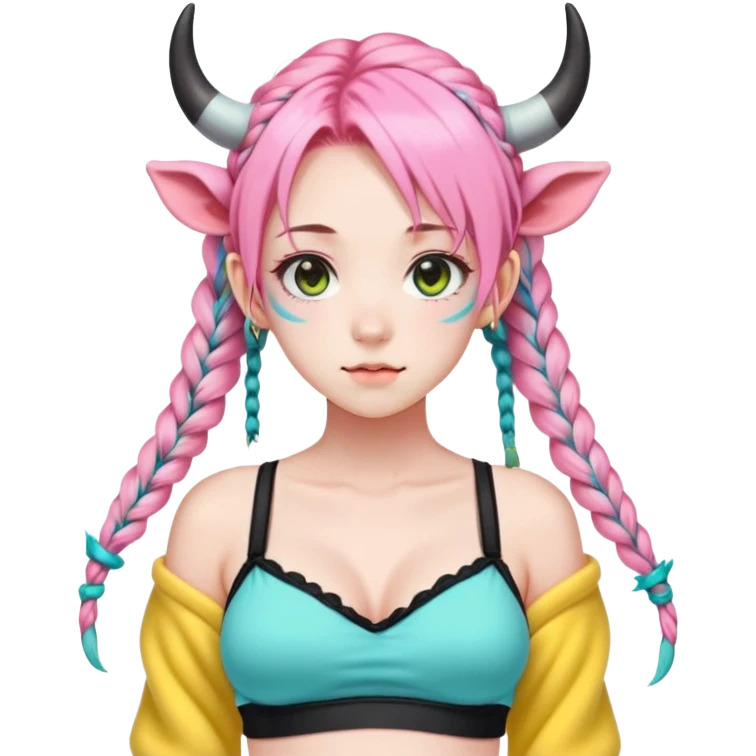 En anime-jente med to rosa lange tykke fletter og cyan striper i håret, ku-horn og ku-ører, sort BH-topp over en gul cropped-fleece-blouse emoji