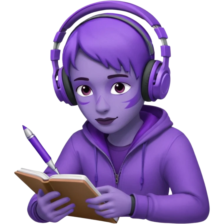 purple open written in journal with purple headphones on top emoji
