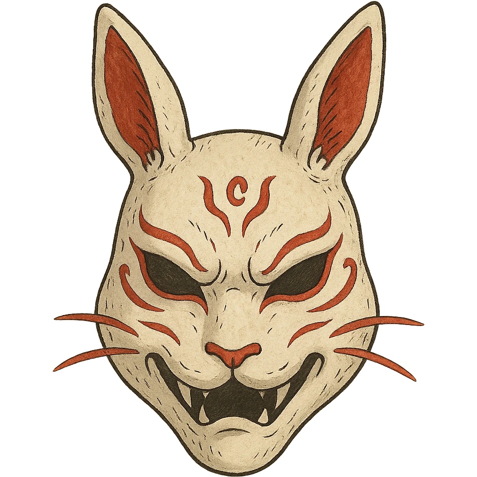 ghibli style evil white rabbit mask with red accents, intricate details emoji