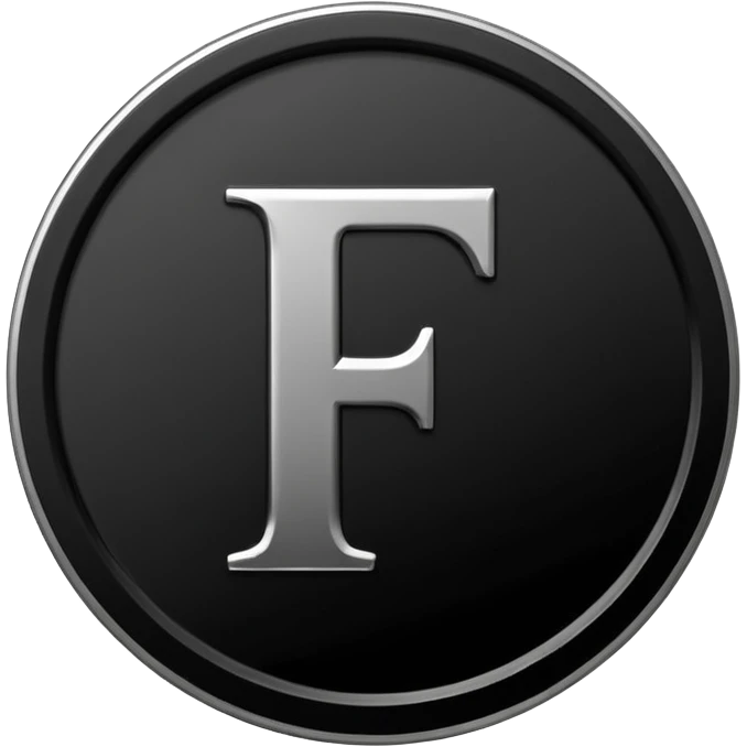 Emoji icon of a black coin with engraved letter F, minimalist style, isolated, no color emoji