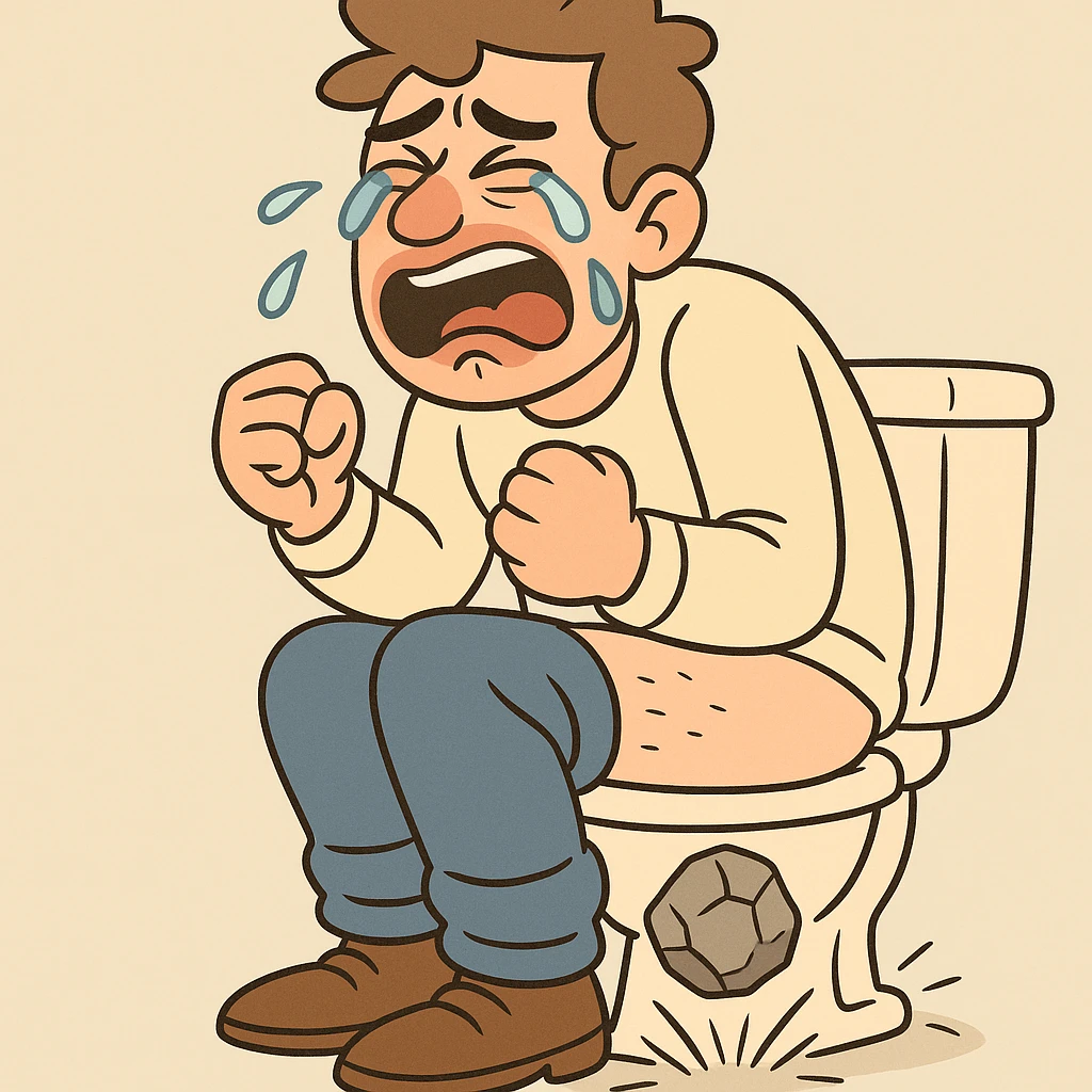 a cartoon man pooping a rock and crying, exaggerated emotions emoji