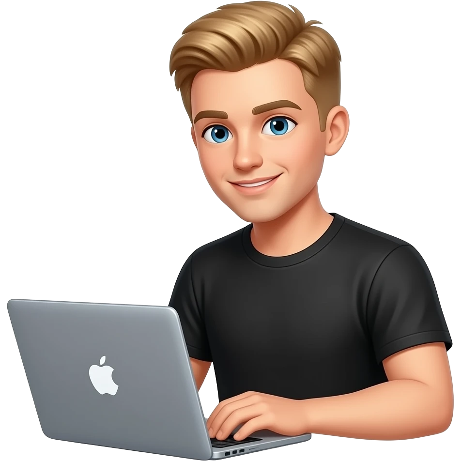 Блондин парень в черной футболке без бороды сидит за ноутбуком apple  c короткой стижкой emoji