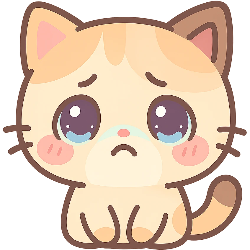 kawaii chibi-style cat emoji with pastel orange and brown cream fur, anime-style sad expression, sparkly eyes, blushing cheeks, pastel color palette, soft rounded design, vector art emoji