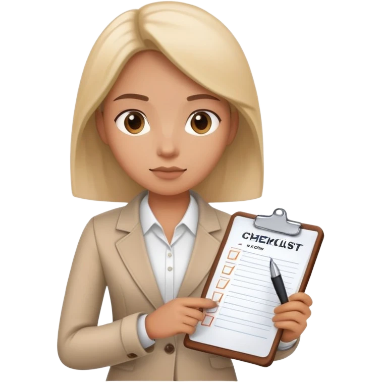 A person holding a checklist and pen is wearing smart casual clothing. The character is in a focused pose emoji