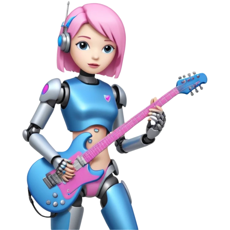 a cyper robot carry her note and electric guitar and try to change the world with pink and bluecolor emoji