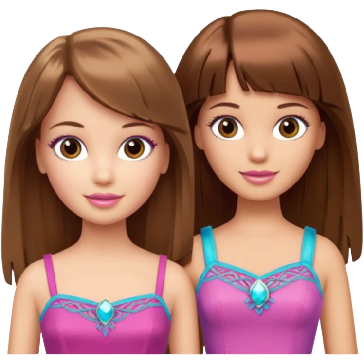 2 girls best friends one is barbie merliah summers and the other is a girl with brown hair and brown fringe and light brown eyes  emoji