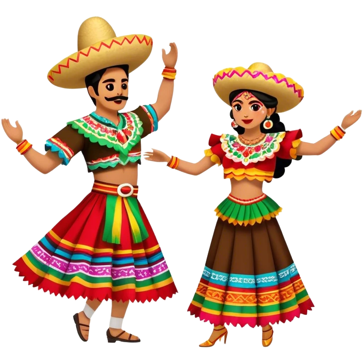 Cinematic Realistic scene of two performers dancing the Jarabe Tapatío, dressed in colorful traditional Mexican costumes with intricate embroidery, captured in energetic, festive motion with vibrant, celebratory lighting emoji