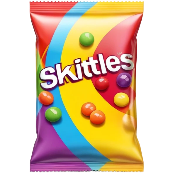 A Skittles candy package with clear adhesive tape wrapped around it, colorful rainbow packaging, minimalist design, sealed with scotch tape emoji