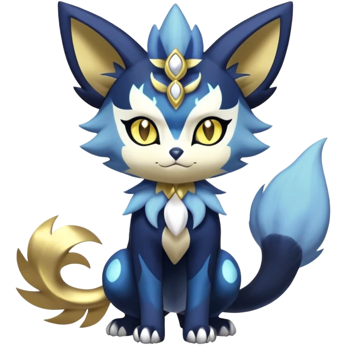 Shiny mExotic Badass Colorfulj Ethereal Royal Mysterious Gothic Meowstic-Zorua-Litten-Noibat-Pokémon-Fakémon-hybrid-creature (full body) with pattern-markings with golden eyes emoji