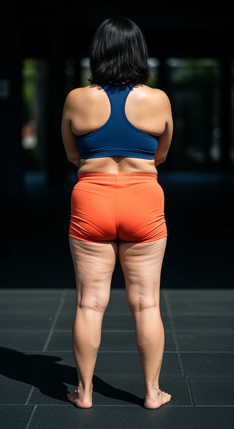 DONNA FITNESS DI SPALLE A FIGURA INTERA CON COSCE GRASSE E CELLULITE, IPERREALISTICA 4K emoji
