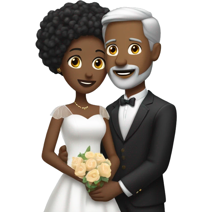 A white man with grey hair and with a goatee has just married, with a black woman with black hair and a brown complexion. They have a lot of money. they are hugged emoji
