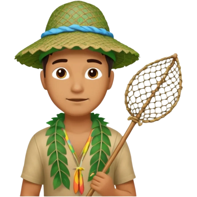 Hawaiian man with leaf hat and big net and colorful cloth emoji