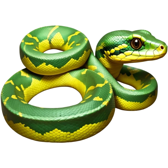 cinematic-green tree python-realistic-full-body-coiled-emoji,-thick-scaled-body-looped-tightly,-intricate-brown-and-gold-patterned-scales-reflecting-light,-head-tilted-dramatically,-slitted-eyes-staring-calmly,-simplified-yet-realistic-focused-feature emoji