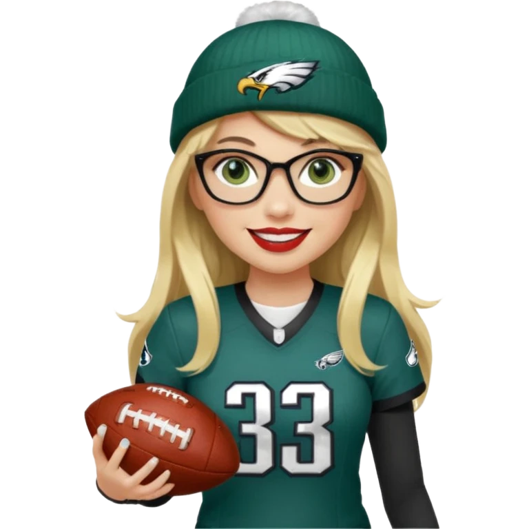 full length women wearing eagles uniform, long blonde hair, styled bangs, green eyes, black glasses, holding football, number 33, smiling, lipstick, eagles beanie emoji