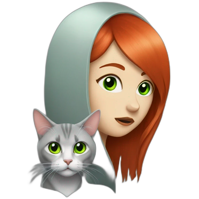 Girl with long straight red hair, sad and heavy metal with white and grey cat with green eyes over her head  emoji