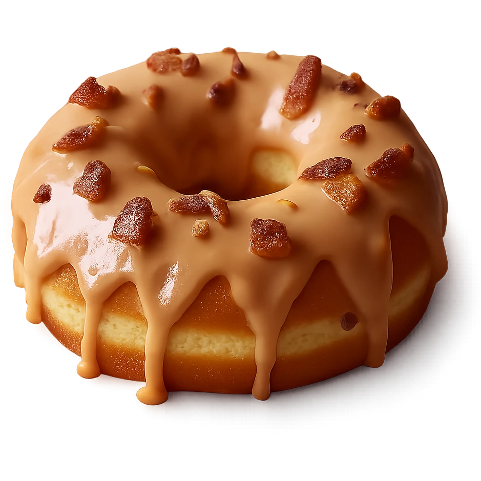 Isolate the realistic glazed donut with soft lighting, maple glaze with bacon bits on a transparent background, removing all other background elements. emoji