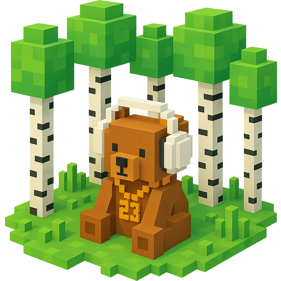 березовый лес, в котором сидит бурый медвежонок в белых наушниках (наушники должны закрывать уши медведя), на медведе цепь с подвеской "23", no background  emoji