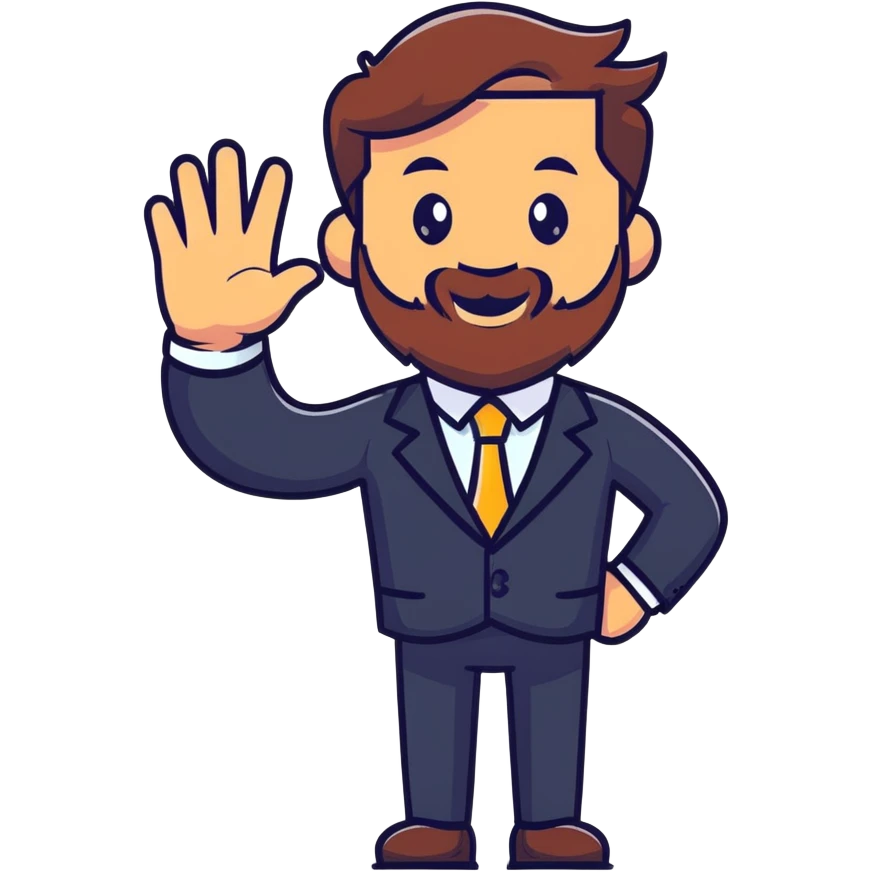 cheerful bearded businessman in suit waving hello emoji