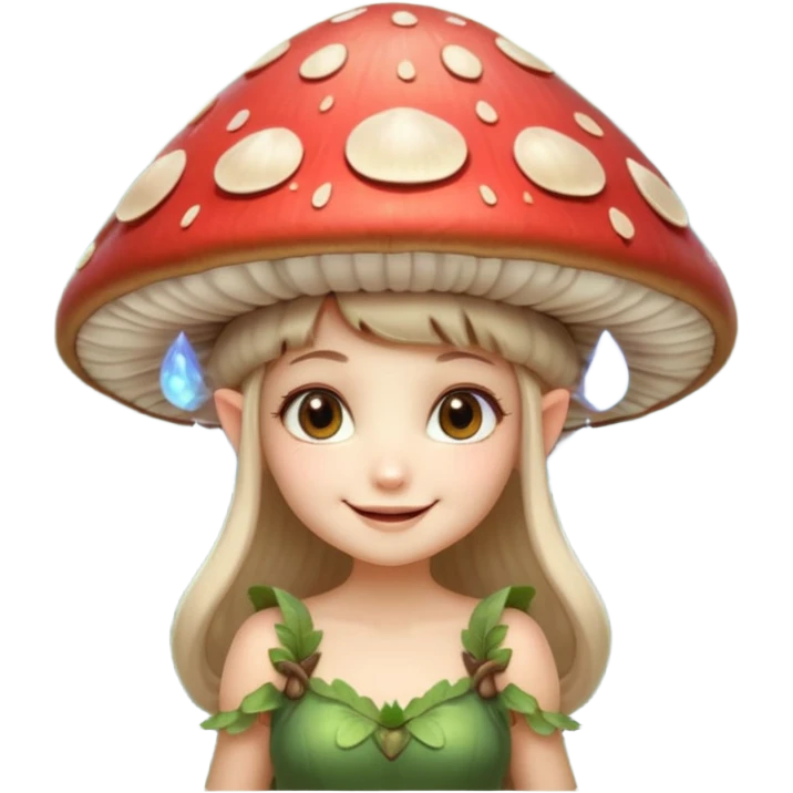 mushroom fairy portrait, head and shoulders only, wearing a large mushroom cap hat, tiny glowing wings visible behind shoulders, cute magical smile, forest fantasy vibe, 3D cartoon, mobile game icon style, clean background, no text, no watermark

 emoji