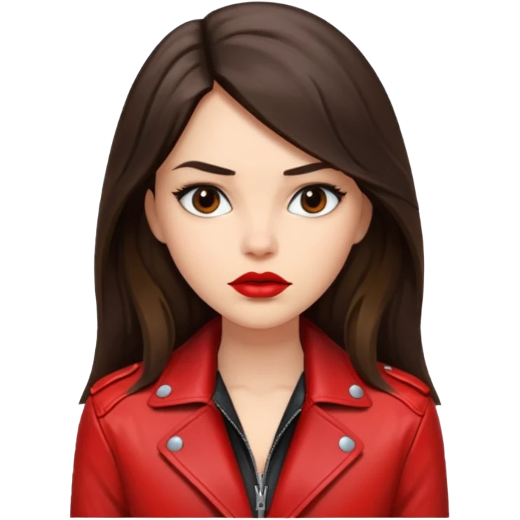 brunette with long hair in cuir jacket with red lips and black brown eyes emoji