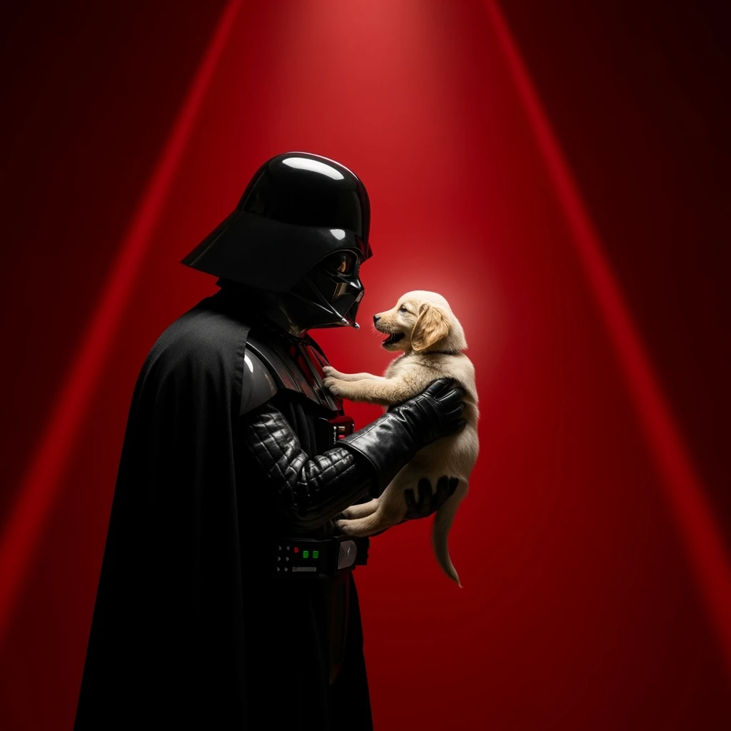 Photo of a darth vader holding puppy golden retriver, low key light, red solid background with leading lines, back light, spot light emoji