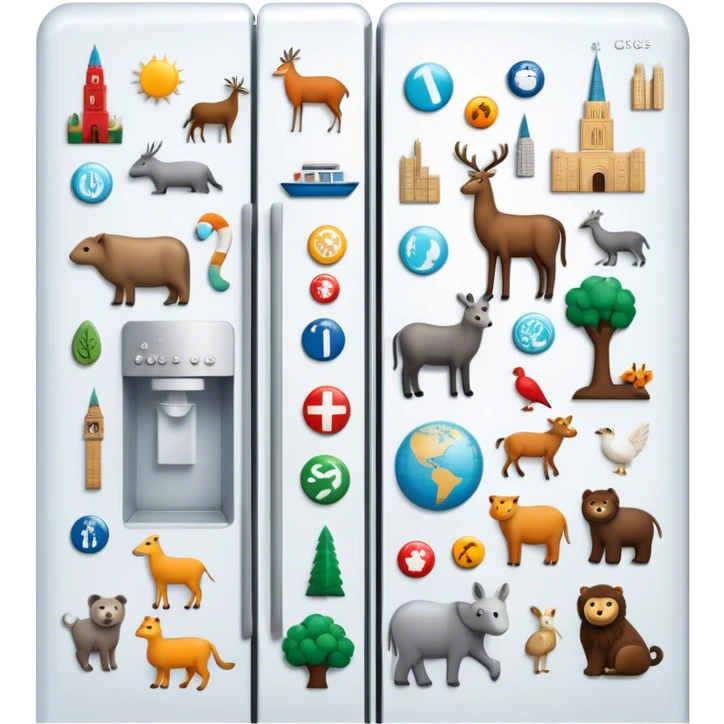 Icon for Magnet Collecting: a close-up of a fridge door covered with a variety of magnets, featuring cities, animals, and symbols. The icon should highlight the diversity and charm of magnet collections. Transparent background. emoji