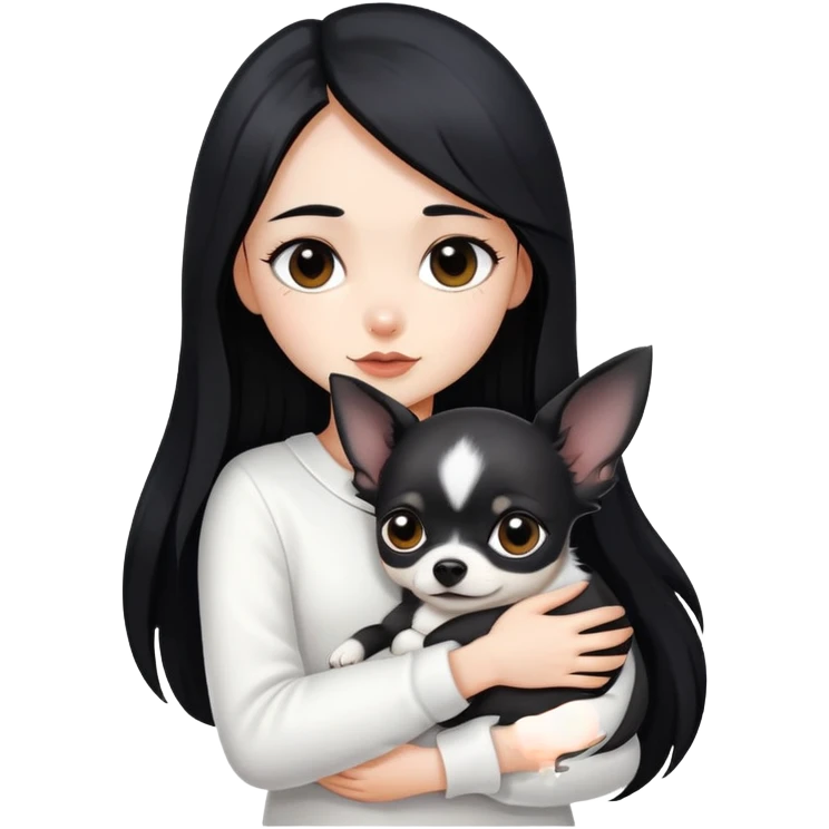 Fair skin girl - long black hair - white clothes - hugging a black chihuahua emoji