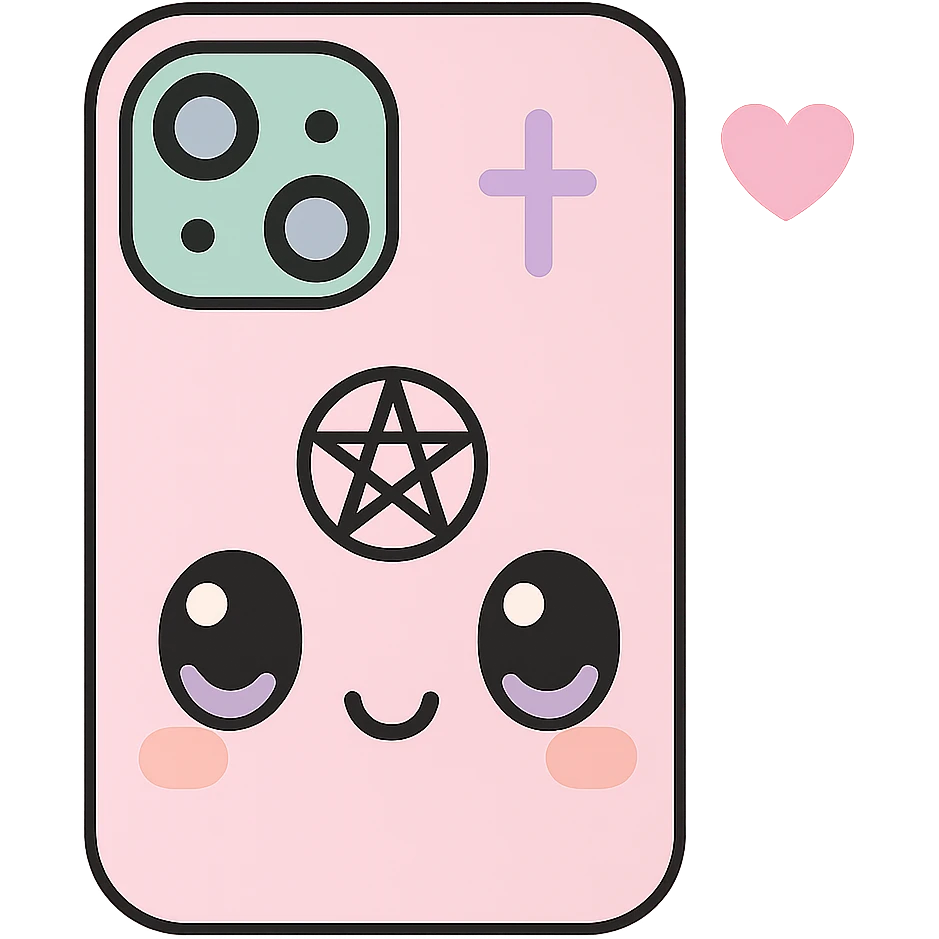 Remove any purse or purse-matching elements. Focus only on a white and black gothic kawaii phone case with big eyes, smiling, playful, cartoonish style, and gothic symbols. No purse references. No background. emoji