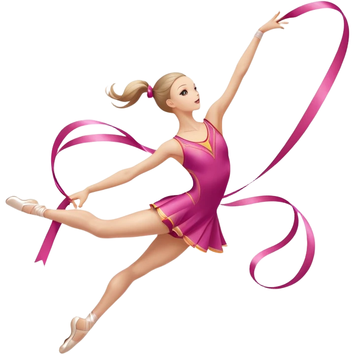 A graceful rhythmic gymnast performing with a flowing ribbon, executing an elegant leap mid-air. The pose exudes flexibility, balance, and artistry. The background suggests a competition arena with soft lighting, emphasizing movement, precision, and the beauty of the sport. emoji