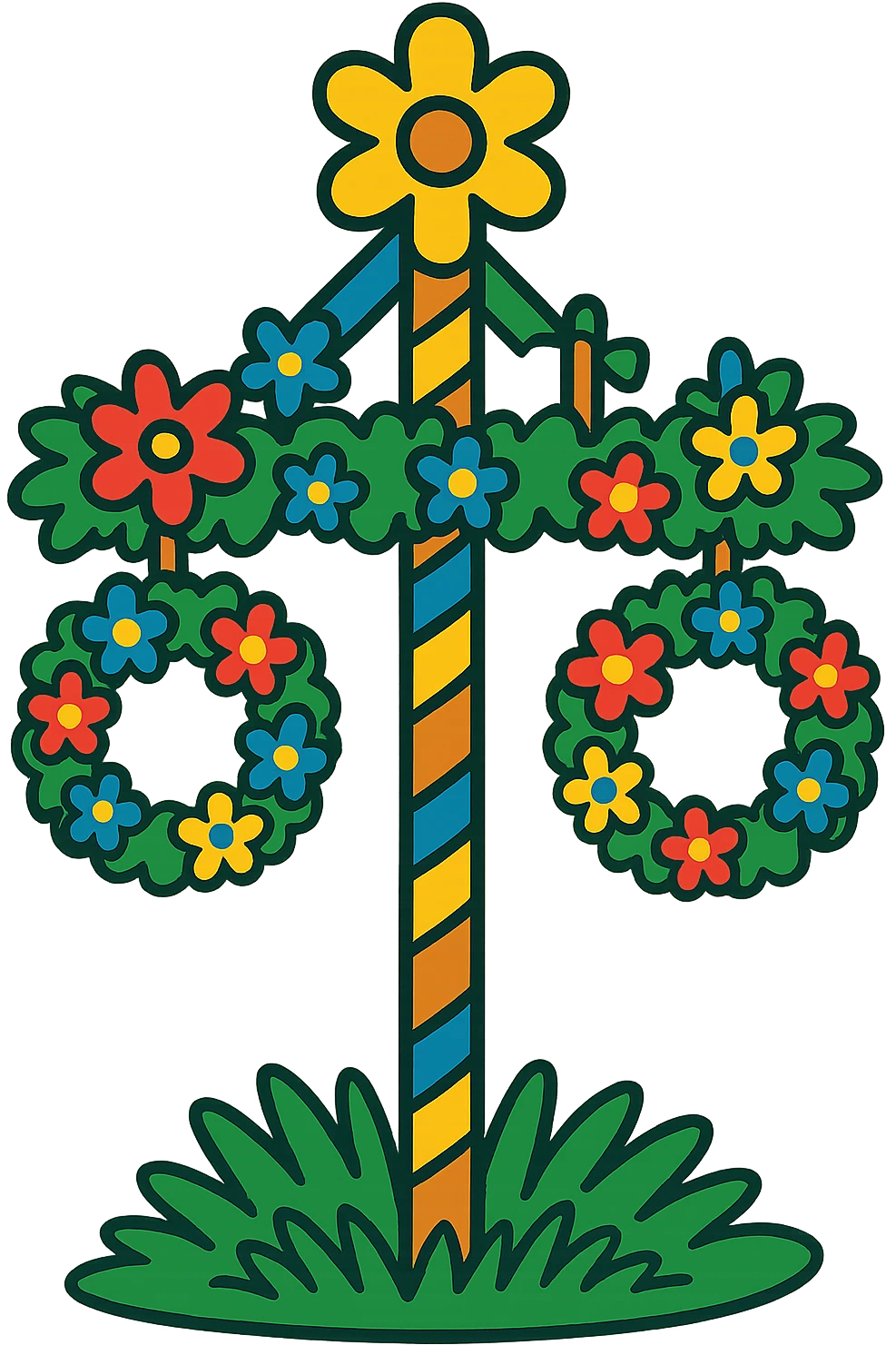 Add traditional Swedish details to the midsommarstång: a wooden crossbar, two large floral wreaths at the ends, blue and yellow ribbons spiraling around the pole, and a leafy garland in a U-shape between the wreaths, maintaining the vibrant toon style. emoji