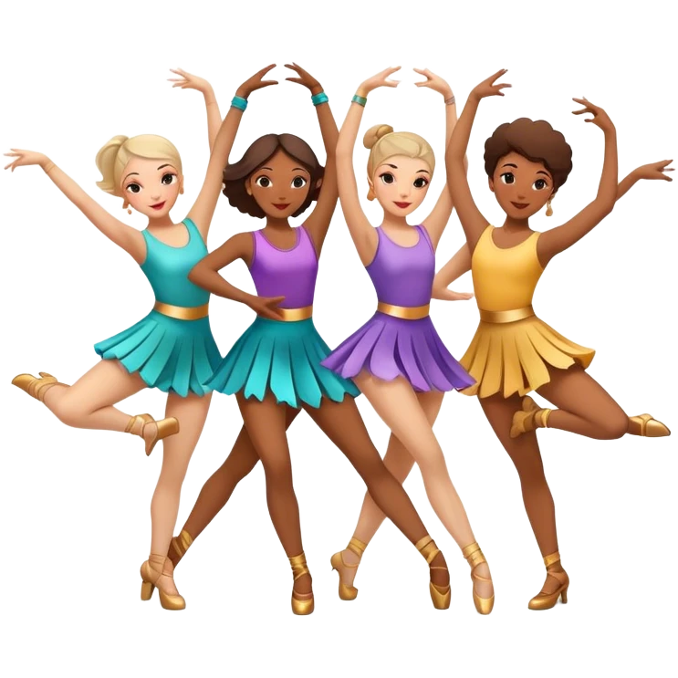 Icon for Contemporary Dance: a synchronized group dance performance with dancers in modern outfits, performing on stage with bright spotlighting and energetic movement. The icon should capture the dynamic and vibrant nature of contemporary dance. Transparent background. emoji