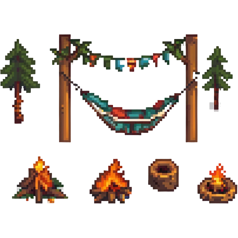 bushcraft adventure camp with campfire and hammock emoji