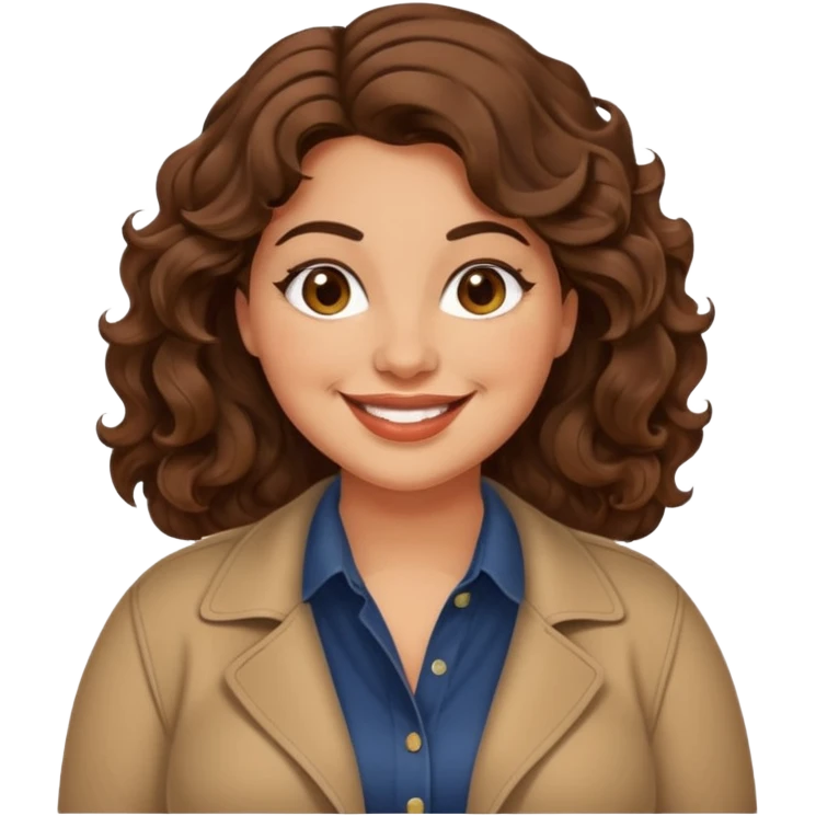 30 yr old italian woman, chubby, brown wavy hair, big brown eyes, huge smile, trendy clothes emoji