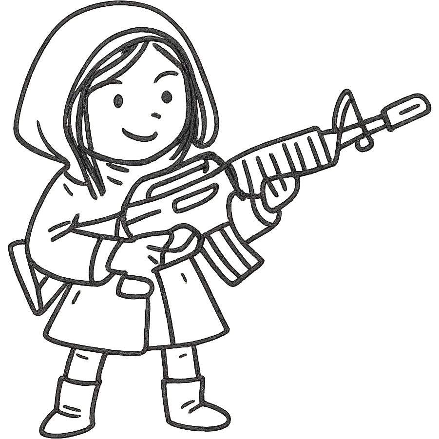 playful stalker girl with a comically large machine gun emoji