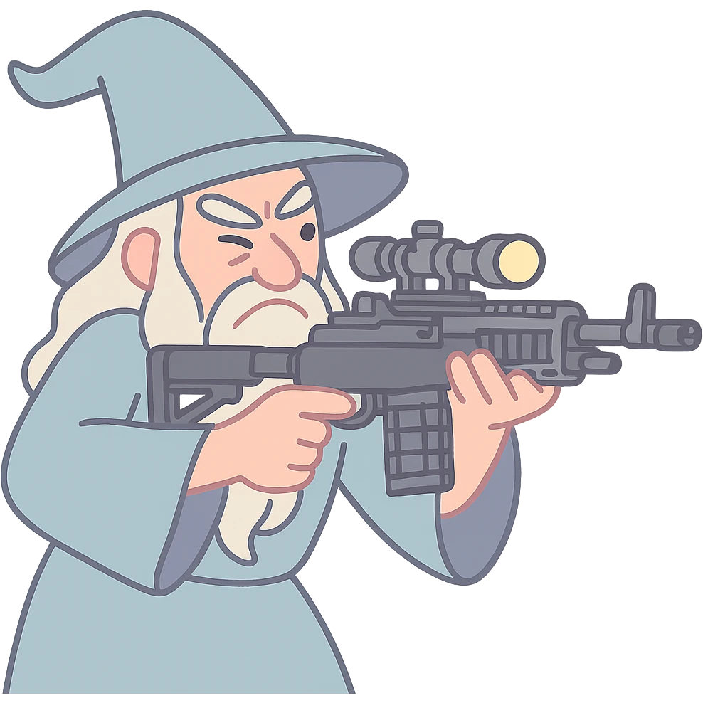 Gandalf the Gray aiming an M-14 EBR, about to 360 no-scope, whimsical, soft pastel tones, pastel toon style emoji