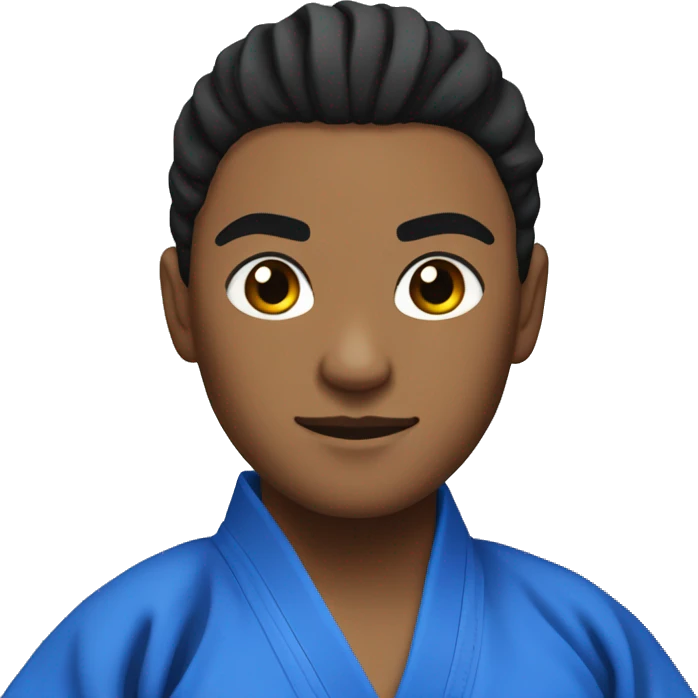 judo athlete all blue robe with black belt, serious face, hair in a bun emoji