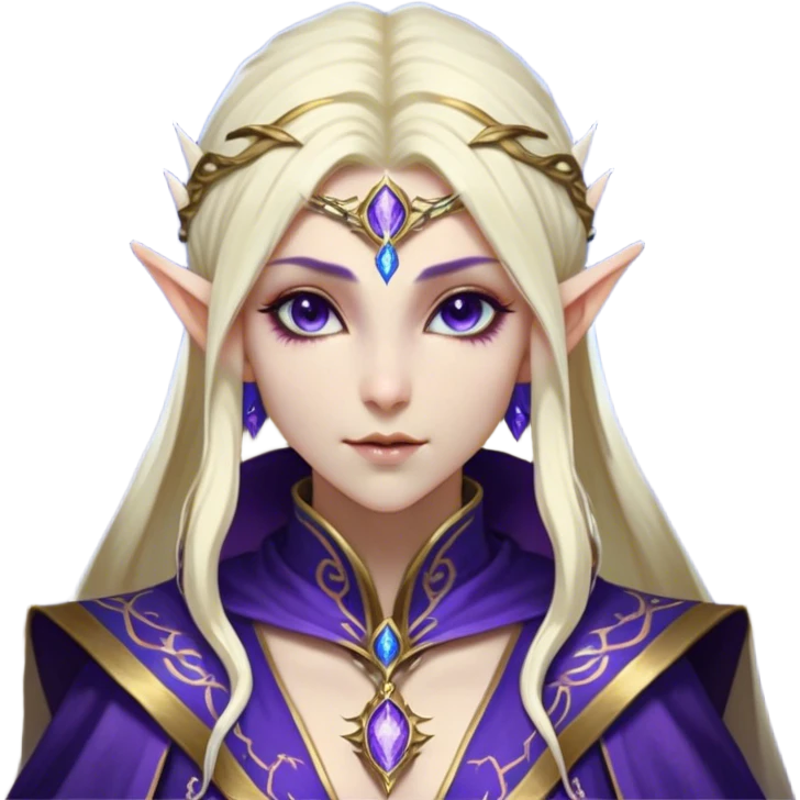 Cinematic Realistic WoW Elf Mage Portrait, head tilted epicly and inquisitively, showcasing a commanding presence and graceful arcane power. Her luminous, porcelain-like skin and delicate features, framed by an intricately detailed robe in deep blues and purples with golden accents, are rendered with lifelike clarity and dramatic, mystical lighting, high shine, epic and awe-inspiring, embodying the timeless magic of an elven mage poised to reshape destiny. emoji
