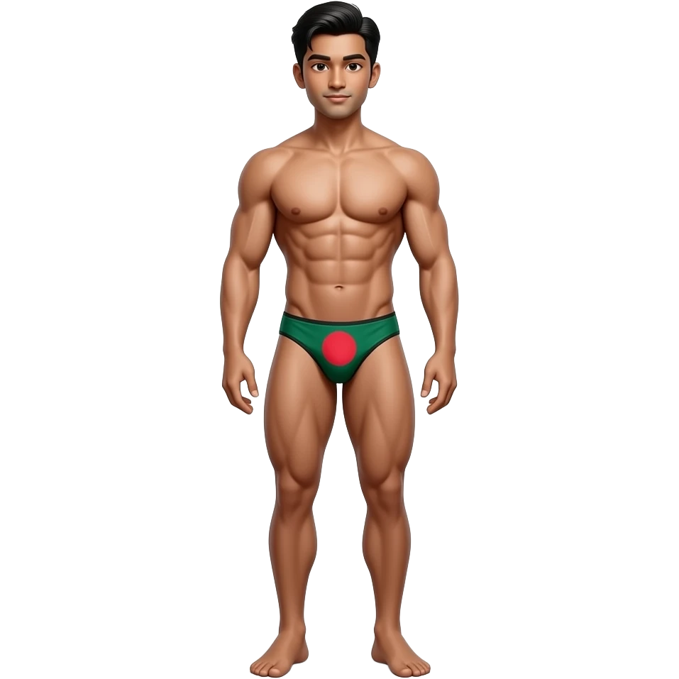 full body bangladeshi young male standing with muscular build in thong with bangladesh flag theme emoji