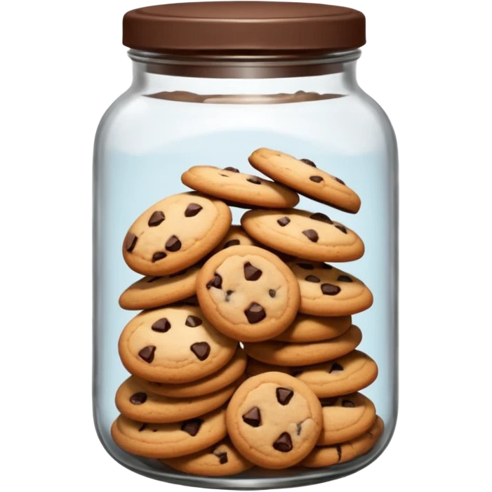 A chewy chocolate chip cozy cookie in an organized jar, saying "Cookie Jar" with some small illustrations on the jar to indicate there are cookies stored inside emoji