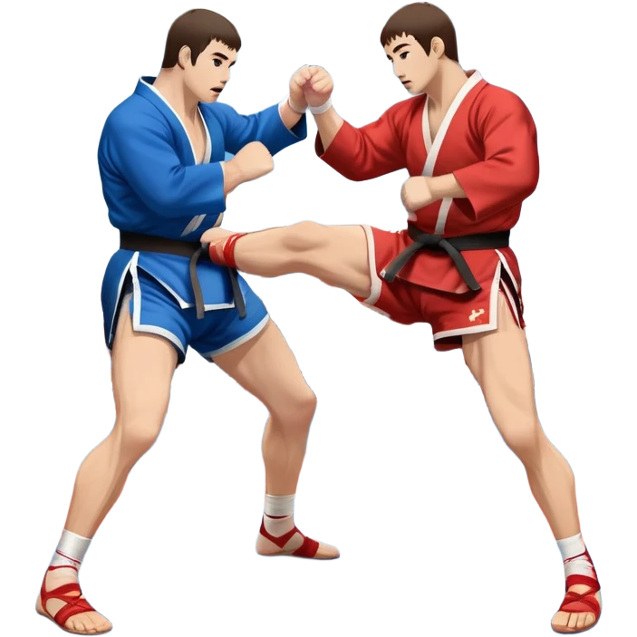 Two Sambo fighters in blue and red kimonos, with shorts and wrestling shoes, performing grappling and throwing techniques. The background shows a wrestling mat and an intense, focused atmosphere. Transparent background highlights the fluidity and skill of the sport without strikes. emoji
