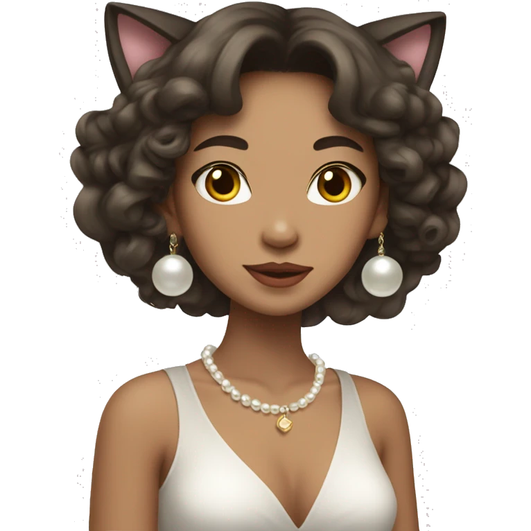 brunette wavy hair asian wearing pearl necklace and cat ears emoji