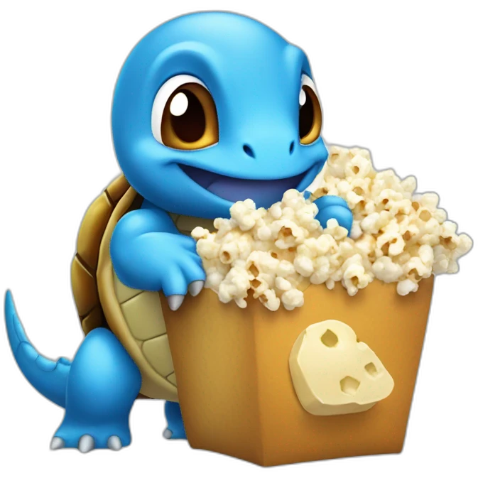 Blue cartoon Pokemon turtle with brown shell eating popcorn emoji