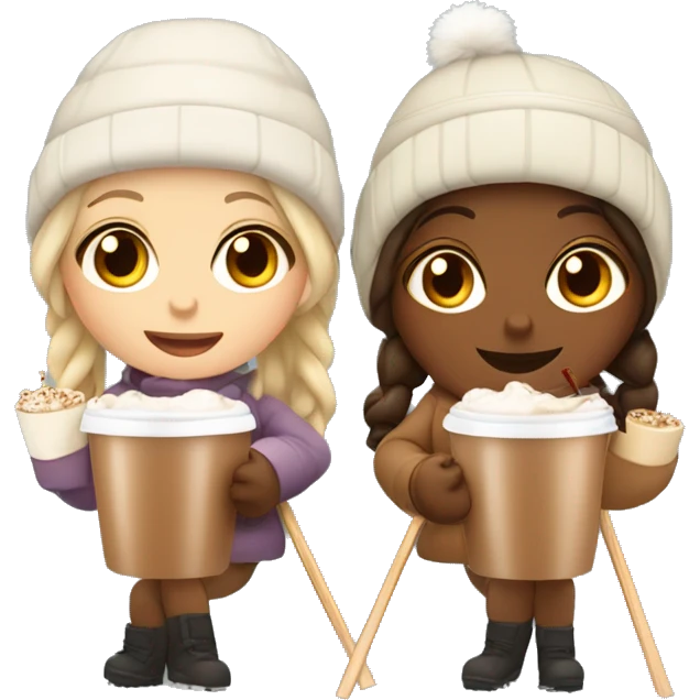 Two girls one beige skin one tanned and they are skiing with hot chocolates  emoji
